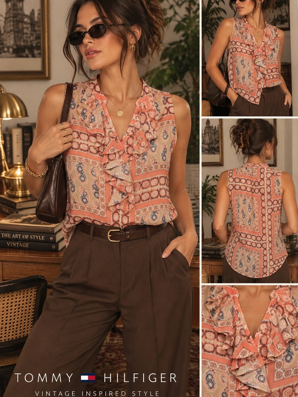 Tommy Hilfiger Paisley Ruffle Blouse Medium 90s Office Chic Sleeveless Top
